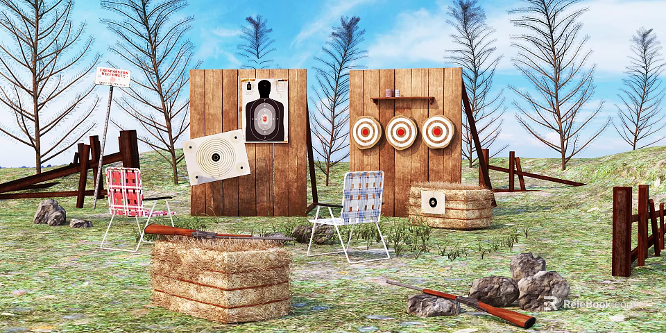 Weapon Practice at Outdoor Range with Wooden Target Boards Circular Targets Hay Bales and Chairs 3d model 
