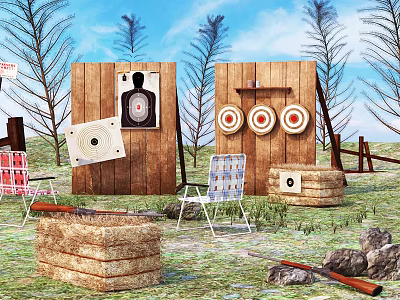Weapon Practice at Outdoor Range with Wooden Target Boards Circular Targets Hay Bales and Chairs 3d model