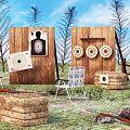 Weapon Practice at Outdoor Range with Wooden Target Boards Circular Targets Hay Bales and Chairs
