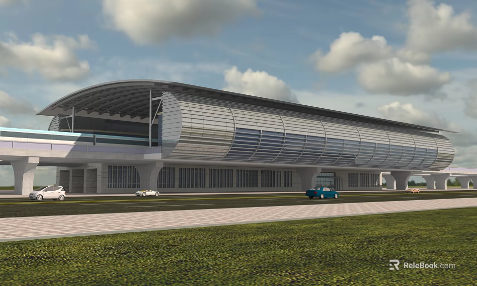 Modern Station Building With Curved Roof And Metal Facade On Grassland With Vehicles And Cloudy Sky 3d model 