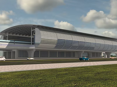 Modern Station Building With Curved Roof And Metal Facade On Grassland With Vehicles And Cloudy Sky 3d model