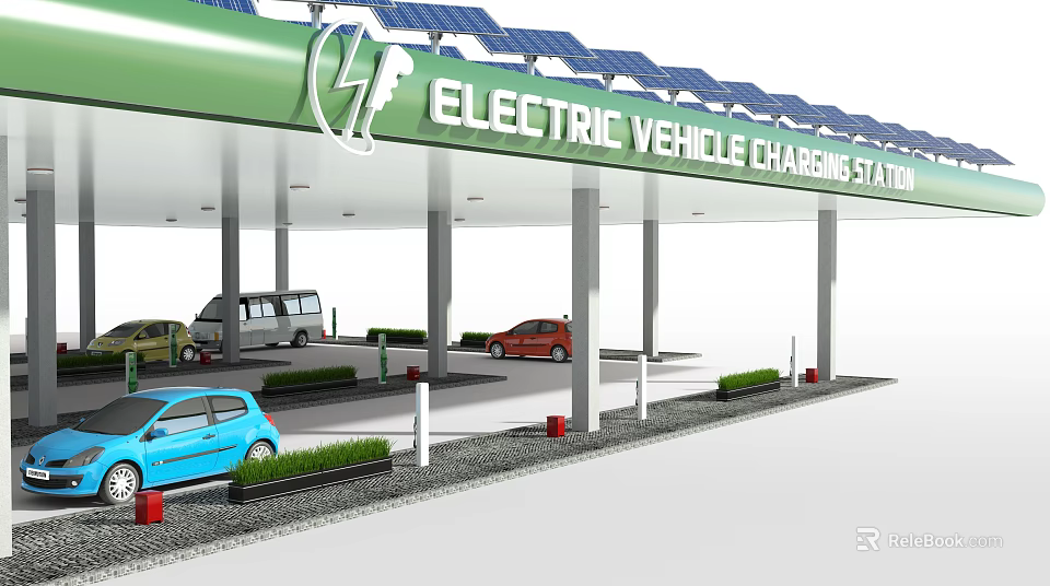 Solar Powered Electric Vehicle Charging Station With Canopy And Charging Vehicles 3d model 