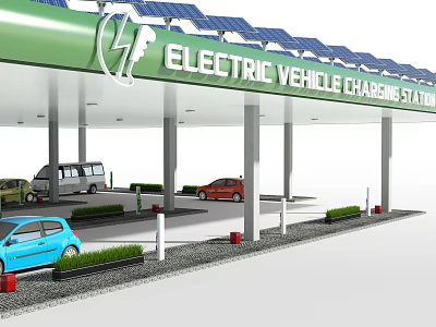 Solar Powered Electric Vehicle Charging Station With Canopy And Charging Vehicles 3d model