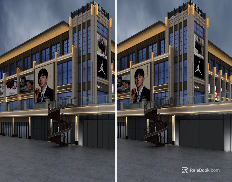 Modern Commercial Street Building With Large Billboards Glass Curtain Walls And Illuminated Design 3d model 