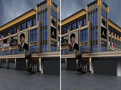 Modern Commercial Street Building With Large Billboards Glass Curtain Walls And Illuminated Design 3d model