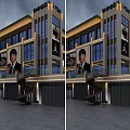 Modern Commercial Street Building With Large Billboards Glass Curtain Walls And Illuminated Design