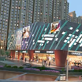 Aerial Planning of Modern Urban Commercial District with High Rise Buildings Shops and Pedestrians