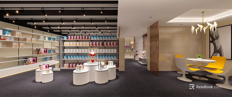 Modern Specialty Store Interior With Shelves of Products and Round Display Tables 3d model 