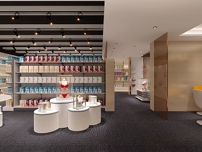 Modern Specialty Store Interior With Shelves of Products and Round Display Tables 3d model
