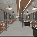 Modern Café Interior Design With Long Counter Display Cases And Hanging Menu Boards 3d model