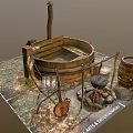 Rustic Garden Decor Setup With Wooden Chair Barrel Campfire Tub And Grass