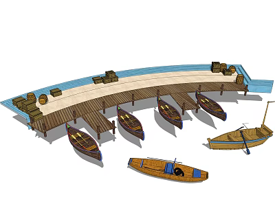 Wooden Boats Docked at Wooden Pier with Cargo Crates and Small Moored Boats 3d model