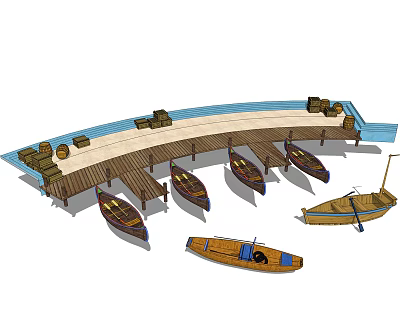 Wooden Boats Docked at Wooden Pier with Cargo Crates and Small Moored Boats 3d model
