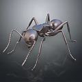 3D Metallic Ant Sculpture With Shiny Surface And Detailed Legs On Dark Background