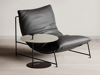 Modern Minimalist Black Leather Leisure Chair with Metal Frame and Small Round Side Table 3d model
