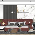 Modern Bedroom With Red Headboard Marble Accent Wall Green Plant And Nightstands