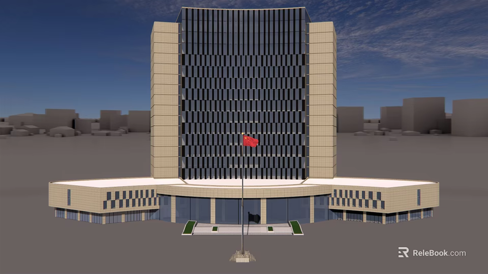 Modern Office Building Facade With Glass Curtain Wall And National Flag At Entrance 3d model 