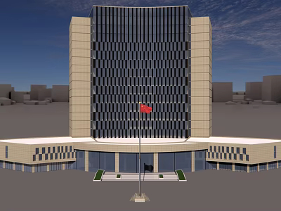 Modern Office Building Facade With Glass Curtain Wall And National Flag At Entrance 3d model