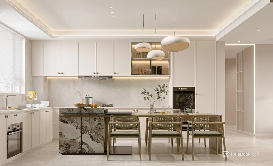 Modern Restaurant Dining Space With White Cabinets Marble Countertop Wooden Chairs And Pendant Lights 3d model 