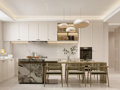 Modern Restaurant Dining Space With White Cabinets Marble Countertop Wooden Chairs And Pendant Lights 3d model