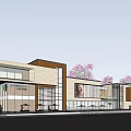 Modern Commercial Complex With Large Glass Windows Colorful Accents Cherry Blossom Trees And Pedestrian Plaza