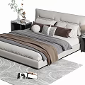 Modern Double Bed with Gray Headboard Pillows Blanket and Marble Nightstands on Patterned Rug 3d model