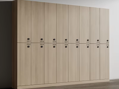 Modern Wooden Wardrobe With Multiple Doors Black Handles And Numbered Labels 3d model