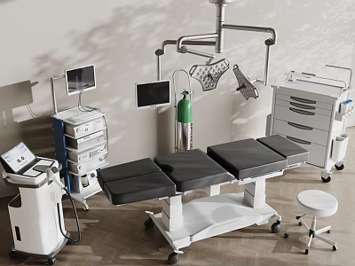 Advanced Medical Equipment Setup with Surgical Table Monitors and Mobile Carts in Operating Room 3d model