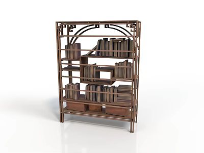Traditional Chinese Style Wooden Bookcase With Multiple Shelves And Books 3d model