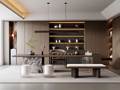Tea Room Interior Design With Wooden Elements Marble Counter Hanging Lamps And Tea Sets 3d model