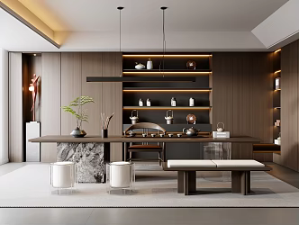 Modern Italian Tea Room Tea Table and Chair Combination Tea Cabinet Decorative Cabinet Acrylic Stool Bench Type Chandelier Single Chair Plant Tea Set Modern Tea Room 3d model