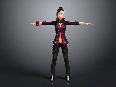 Game Movie Character 3D Model with Black Purple Jacket Red Buttons Red Wristbands Arms Outstretched Pose 3d model