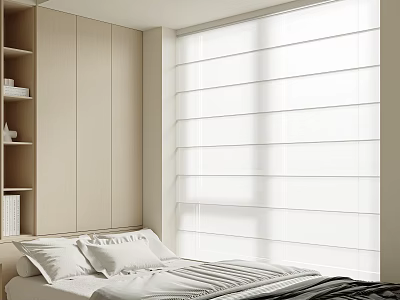 White Venetian Blinds in Modern Bedroom Window with Light Wood Furniture and Soft Lighting 3d model