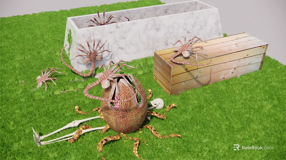 Strange Tentacled Creatures With Broken Shell And Bones Near Marble Container Wooden Crate On Grass 3d model 