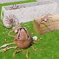 Strange Tentacled Creatures With Broken Shell And Bones Near Marble Container Wooden Crate On Grass