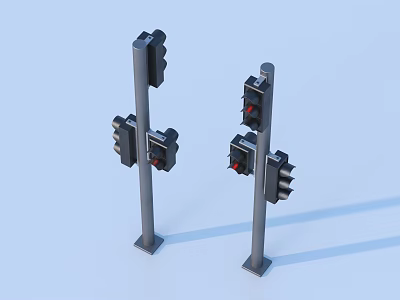 Two Black Traffic Lights With Red Lights On Metal Poles Light Blue Background 3d model