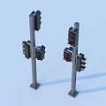 Two Black Traffic Lights With Red Lights On Metal Poles Light Blue Background