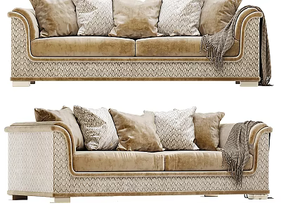 Elegant Modern Beige Two Seater Sofa With Soft Velvet Upholstery Decorative Pillows And Throw Blanket 3d model