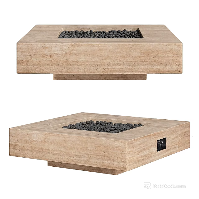 Modern Light Colored Stone Fireplace With Square Design And Black Pebbles Interior 3d model