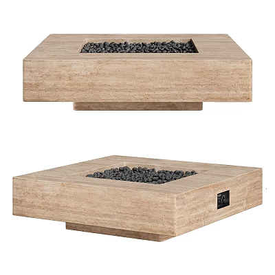 Modern Light Colored Stone Fireplace With Square Design And Black Pebbles Interior 3d model