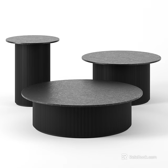 Three Black Round Dining Tables With Fluted Column Bases And Smooth Tops 3d model 