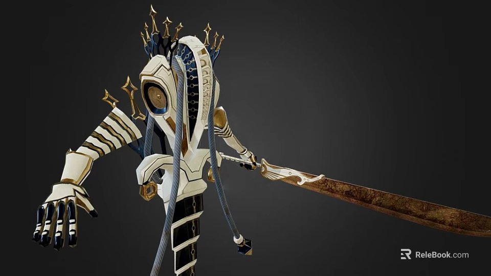 Game Movie Character 3D Model With White Black Gold Armor Long Sword And Crown Headpiece 3d model 