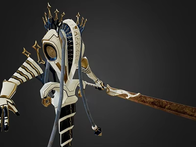 Game Movie Character 3D Model With White Black Gold Armor Long Sword And Crown Headpiece 3d model
