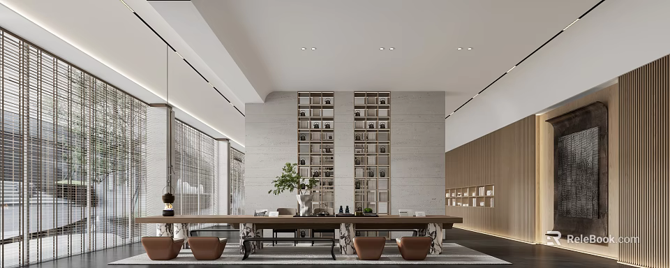 Modern Clubhouse Interior With Spacious Layout Long Wooden Table And Green Plant 3d model 