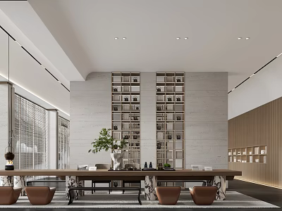 Modern Clubhouse Interior With Spacious Layout Long Wooden Table And Green Plant 3d model