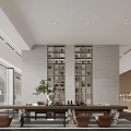 Modern Clubhouse Interior With Spacious Layout Long Wooden Table And Green Plant