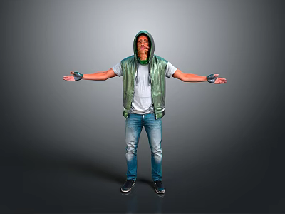 Man in Green Vest and White T-Shirt Standing with Arms Outstretched Against Gray Background 3d model
