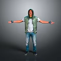 Man in Green Vest and White T-Shirt Standing with Arms Outstretched Against Gray Background