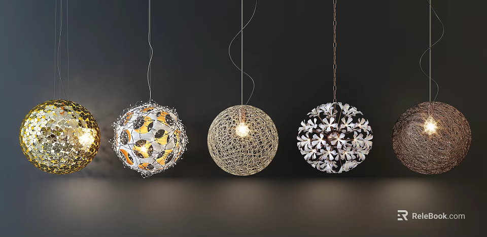 Unique Shaped Pendant Lights with Intricate Hollow Patterns and Metallic Decorative Designs 3d model 