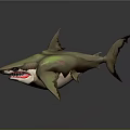 Cartoon Shark 3D Model With Open Mouth Sharp Teeth And Green Gray Body Red Accents